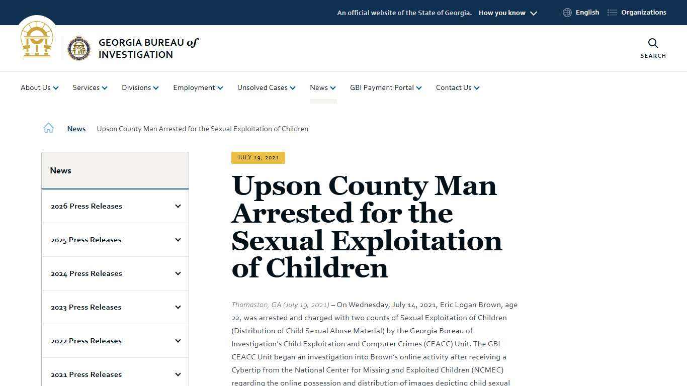 Upson County Man Arrested for the Sexual Exploitation of Children Georgia Bureau of Investigation